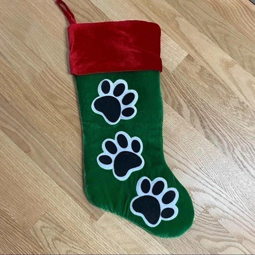 Dog Paw Christmas Stocking Green Red Pet Holiday